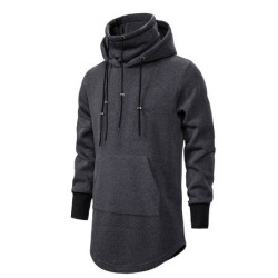 2022 New Men Slim Long section High collar Hooded Sweatshirt Man Extend Curved hem Solid black Cotto