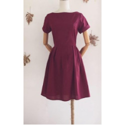 1735 7 Sabrina Neck Short Sleeves Short Dress in Maroon Linen