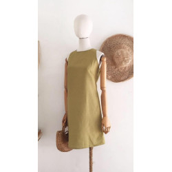 1770 7 Tie Back Short Dress in Light Olive Green Linen