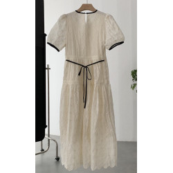 2023 New Cotton and Linen Color Matching High Waist Puff Sleeve Embroidered Casual Dress