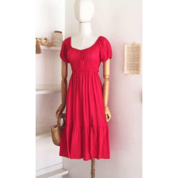 1699 7 Ruffled Hem Midi Baby Doll Dress in Red