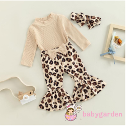 0-18Months Baby Girls Set, Long Sleeve Romper + Leopard Print Bowknot Flare Pants