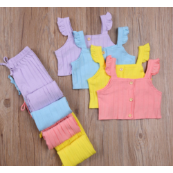 *Top* HIAN-Girl´s Two Piece Set Children´s Ribbed Knit Vest Solid Color Flying Sleeve Tops